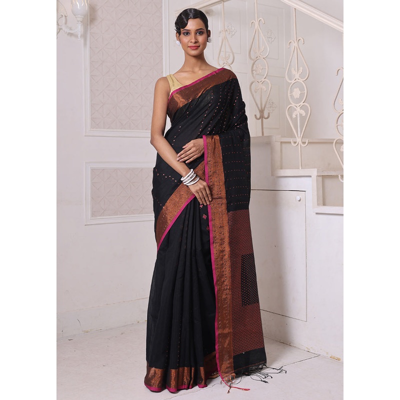 Black Pure Cotton Saree With Blouse Piece - JD986606659