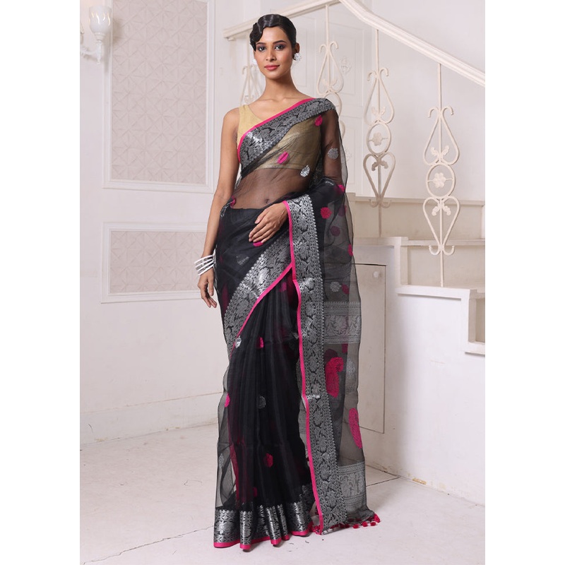 Black Spun Silk Saree With Blouse Piece - JD986606653