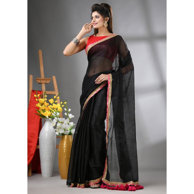 Black Spun Silk Saree With Blouse Piece - JD986606654