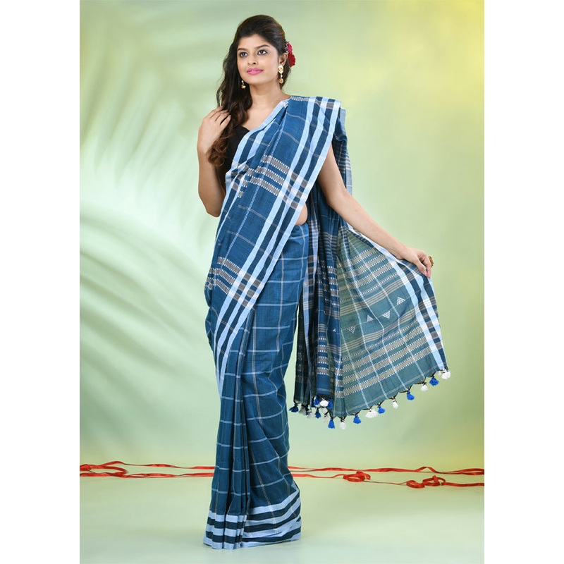 Blue Cotton Saree With Blouse Piece - JD986606650