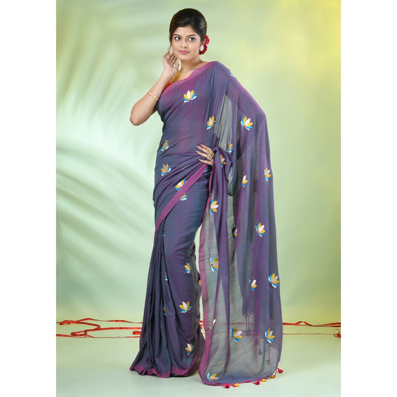 Blue Cotton Saree With Blouse Piece - JD986606651