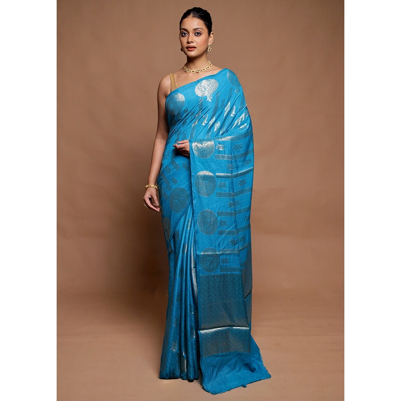 Blue Dupion Silk Saree With Blouse Piece - JD986606502