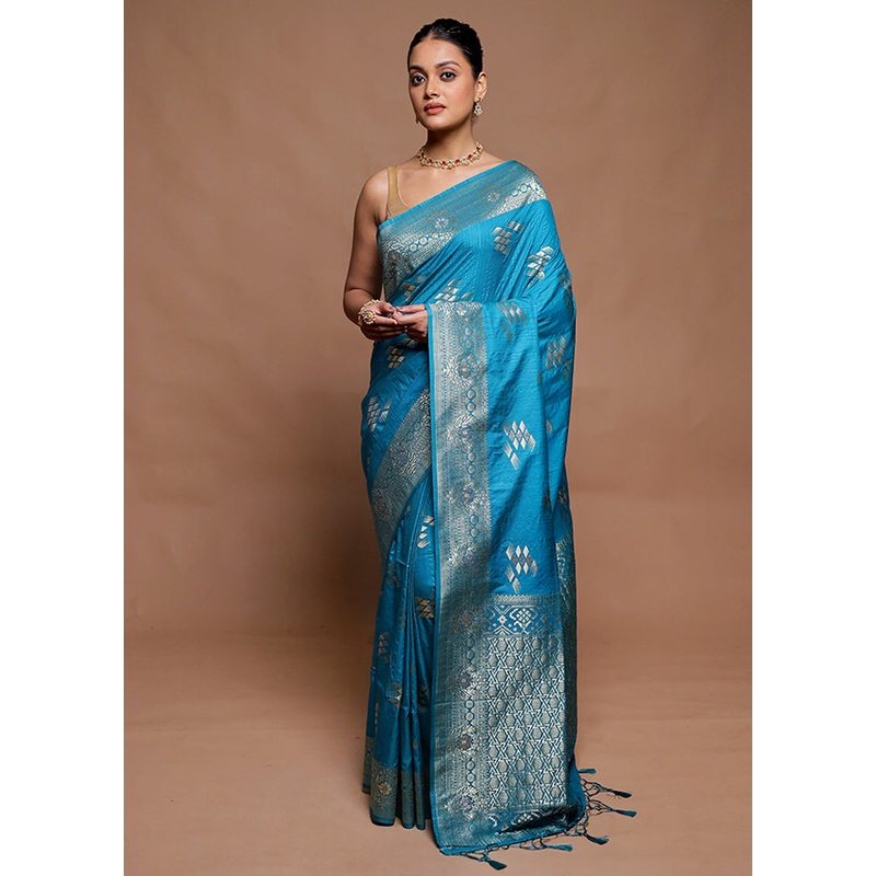 Blue Dupion Silk Saree With Blouse Piece - JD986606503