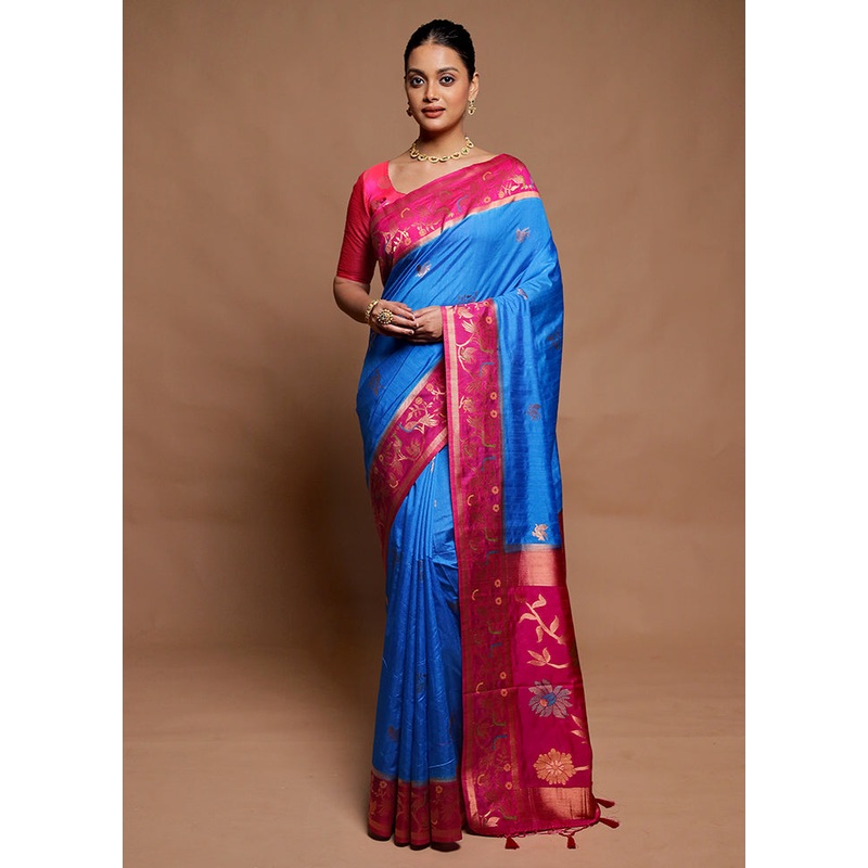 Blue Dupion Silk Saree With Blouse Piece - JD986606504
