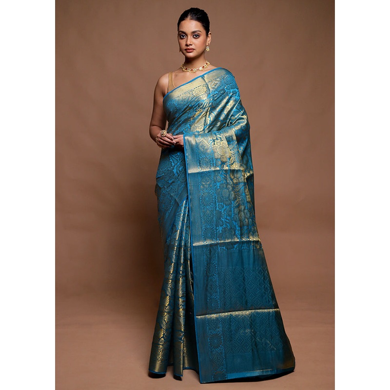 Blue Dupion Silk Saree With Blouse Piece - JD986606505