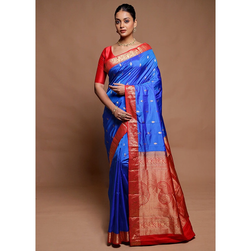 Blue Handloom Kanchipuram Pure Silk Saree With Blouse Piece - JD986606501