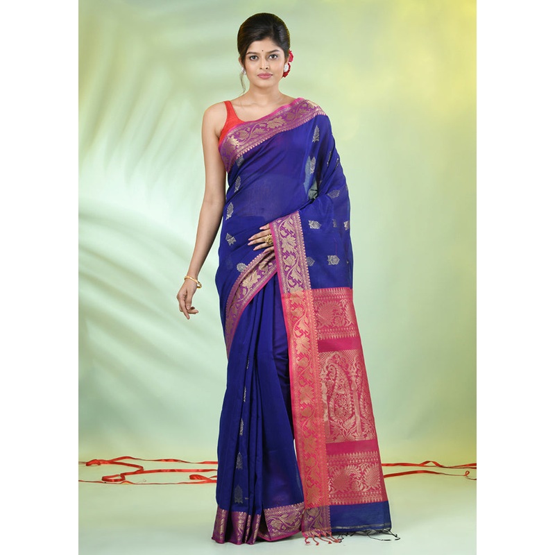 Blue Pure Cotton Saree With Blouse Piece - JD986606647