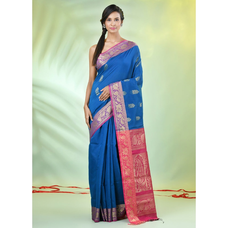 Blue Pure Cotton Saree With Blouse Piece - JD986606648