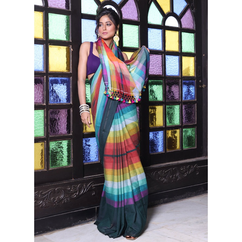 Bottle Green Cotton Colorblock Saree Without Blouse Piece - JD986606644