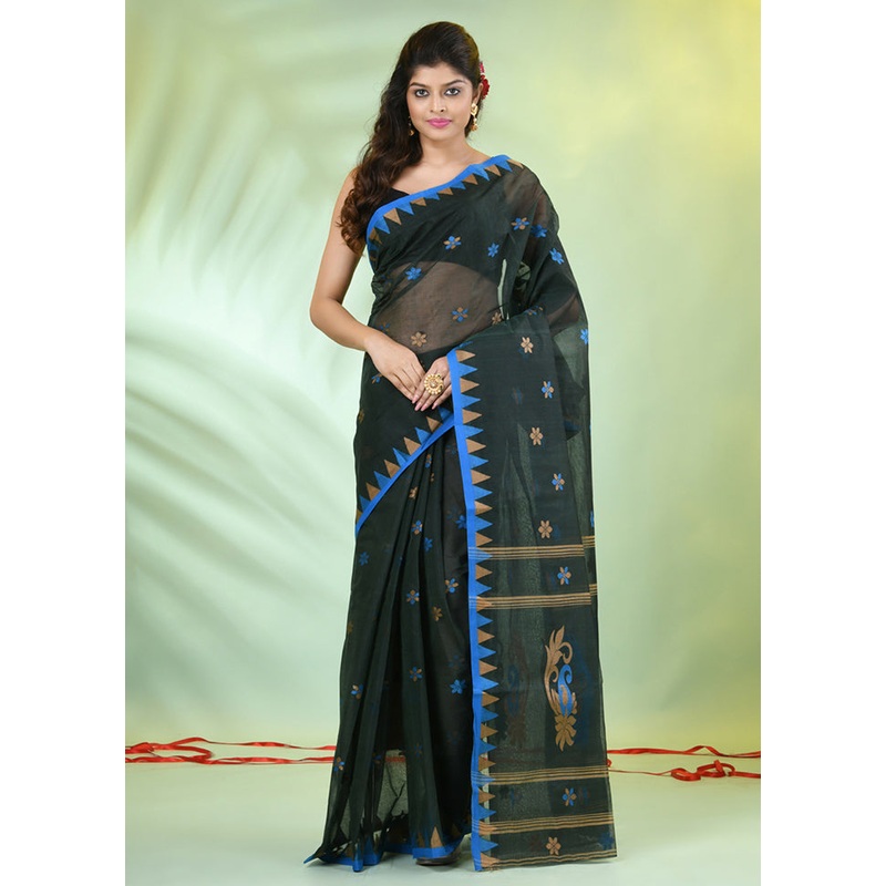 Bottle Green Cotton Floral Handwoven Saree Without Blouse Piece - JD986606643
