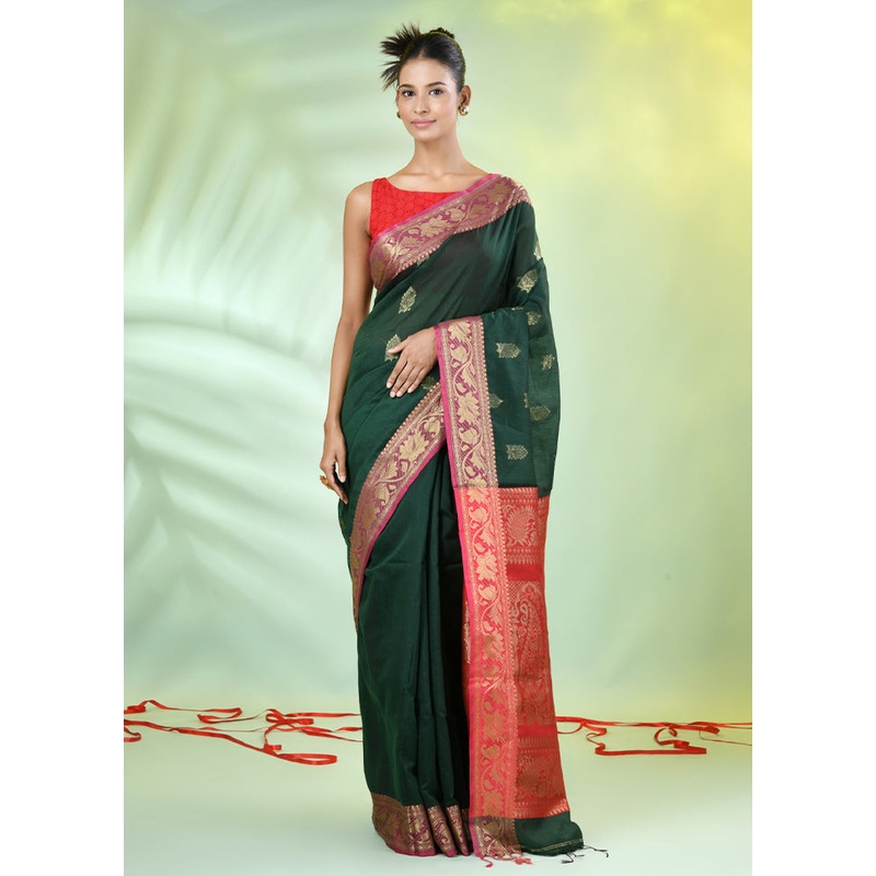 Bottle Green Pure Cotton Saree With Blouse Piece - JD986606641