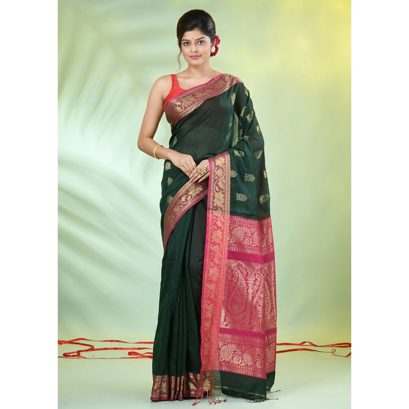 Bottle Green Pure Cotton Saree With Blouse Piece - JD986606642