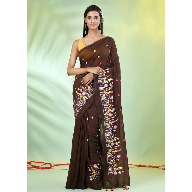 Brown Cotton Saree With Blouse Piece - JD986606640
