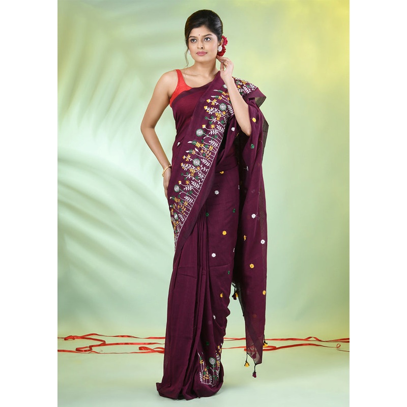 Burgundy Cotton Saree With Blouse Piece - JD986606638