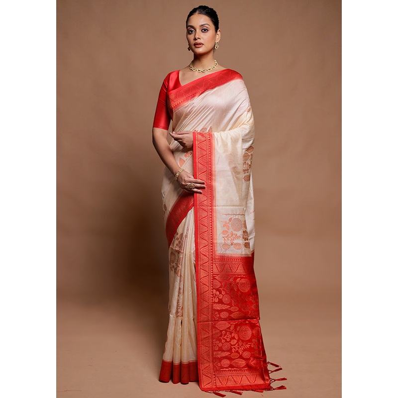 Cream Dupion Silk Saree With Blouse Piece - JD986606490