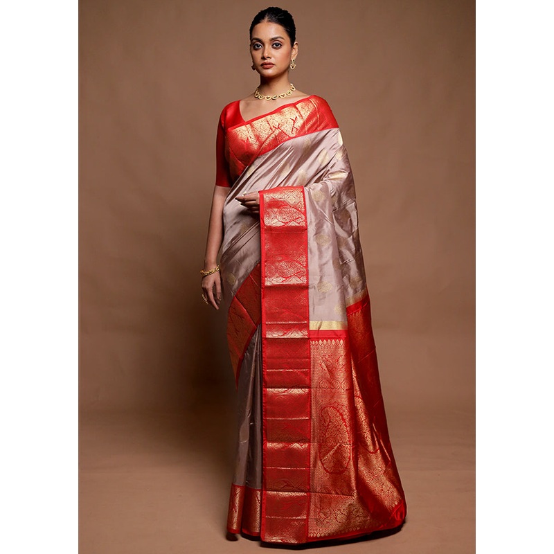 Cream Handloom Kanchipuram Pure Silk Saree With Blouse Piece - JD986606489