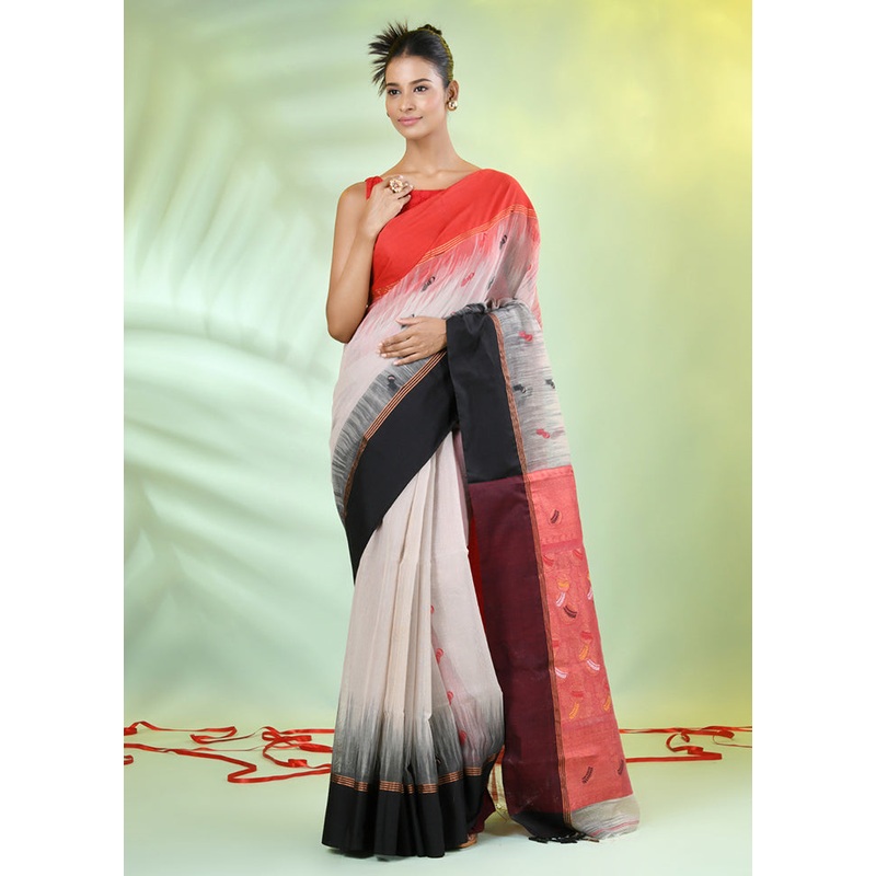 Cream Pure Cotton Saree With Blouse Piece - JD986606636