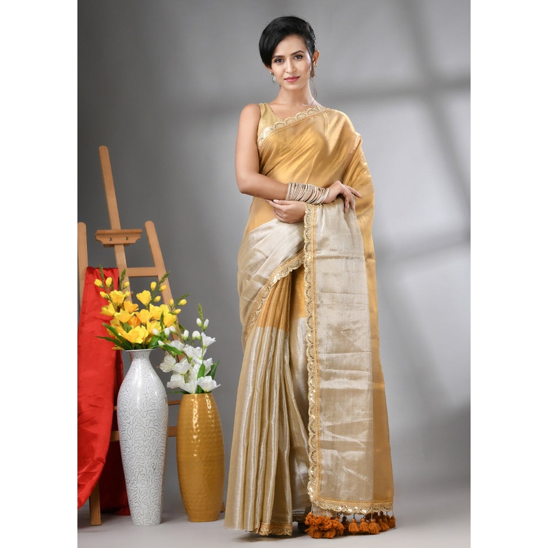 Golden Spun Silk Saree With Blouse Piece - JD986606633