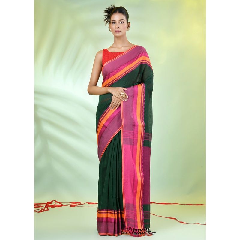 Green Cotton Saree With Blouse Piece - JD986606631