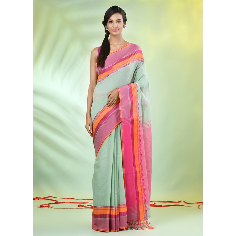 Green Cotton Saree With Blouse Piece - JD986606632