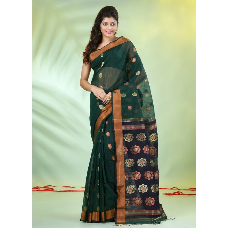 Green Pure Cotton Saree With Blouse Piece - JD986606625