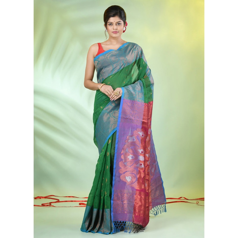 Green Pure Cotton Saree With Blouse Piece - JD986606627