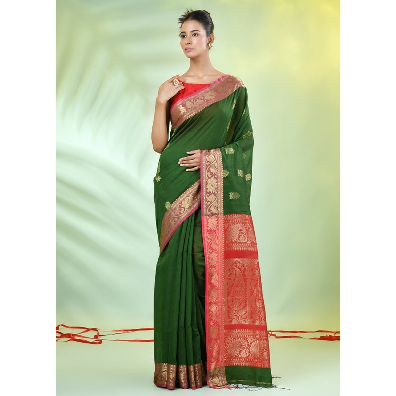 Green Pure Cotton Saree With Blouse Piece - JD986606628
