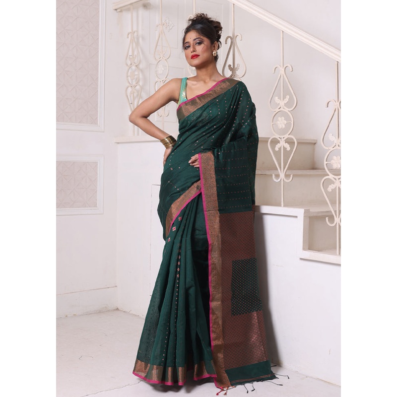 Green Pure Cotton Saree With Blouse Piece - JD986606630