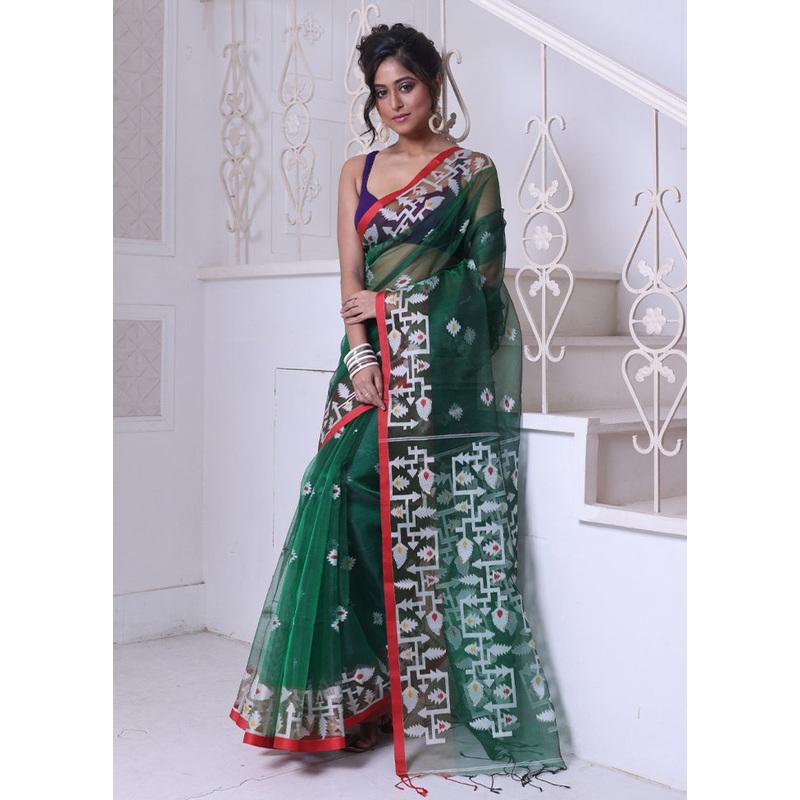 Green Spun Silk Saree With Blouse Piece - JD986606619