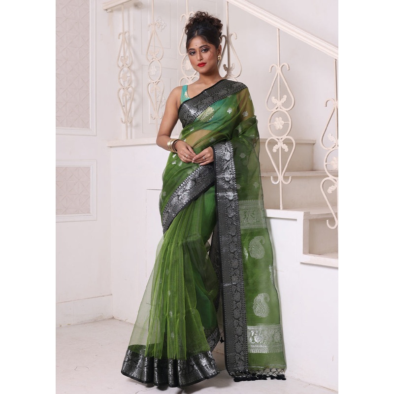 Green Spun Silk Saree With Blouse Piece - JD986606621