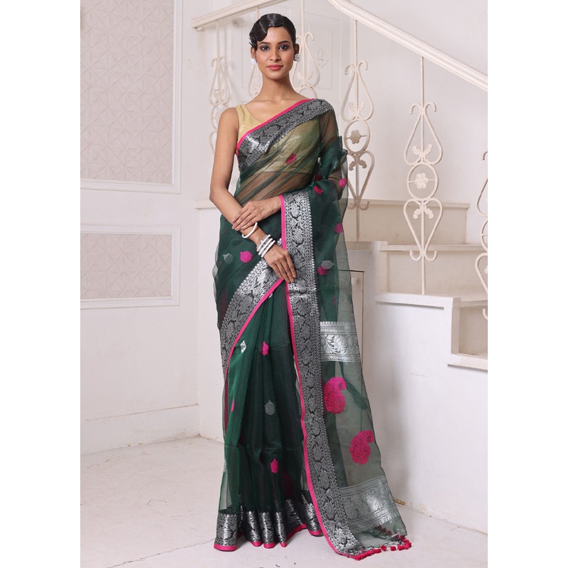 Green Spun Silk Saree With Blouse Piece - JD986606622