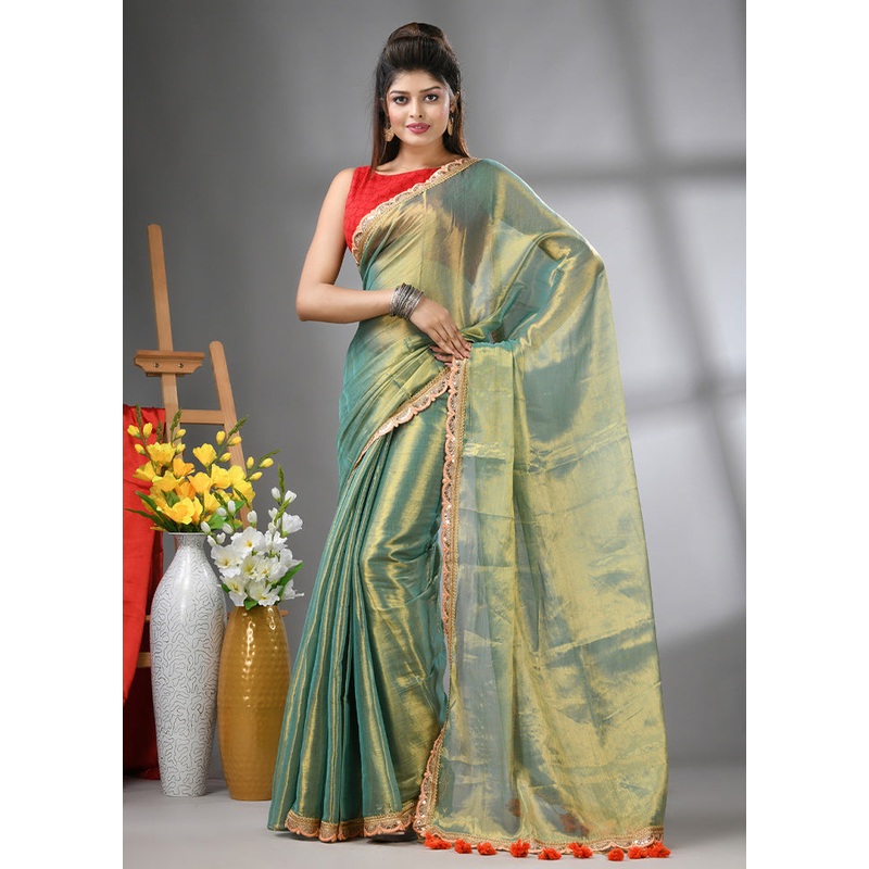 Green Spun Silk Saree With Blouse Piece - JD986606623