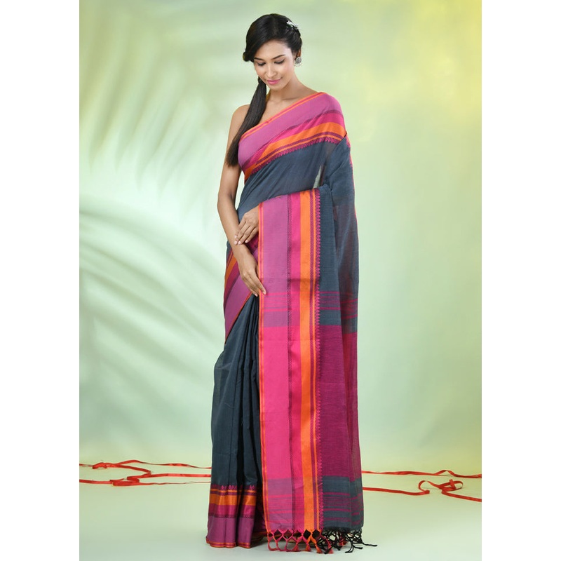 Grey Cotton Saree With Blouse Piece - JD986606617