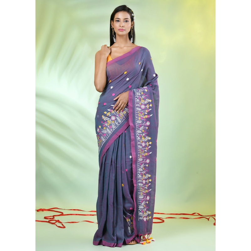 Grey Cotton Saree With Blouse Piece - JD986606618