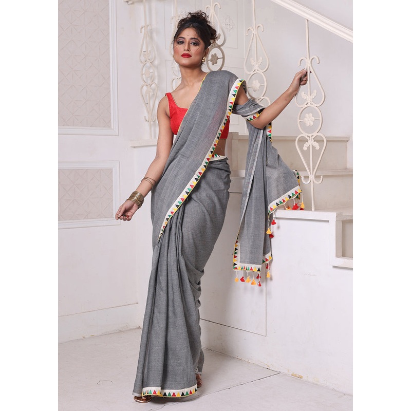 Grey Cotton Solid Saree Without Blouse Piece - JD986606615