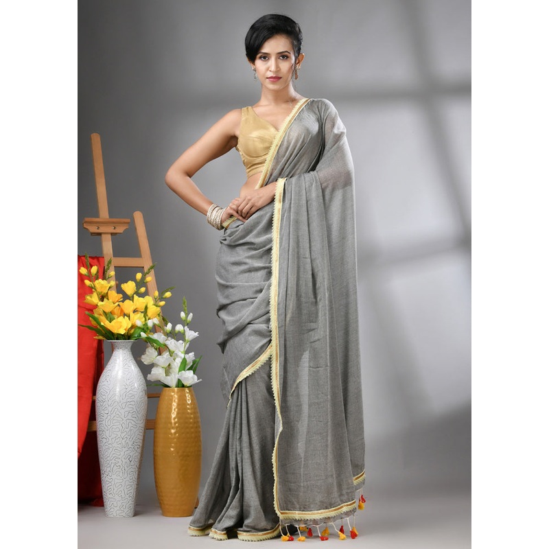 Grey Cotton Solid Saree Without Blouse Piece - JD986606616