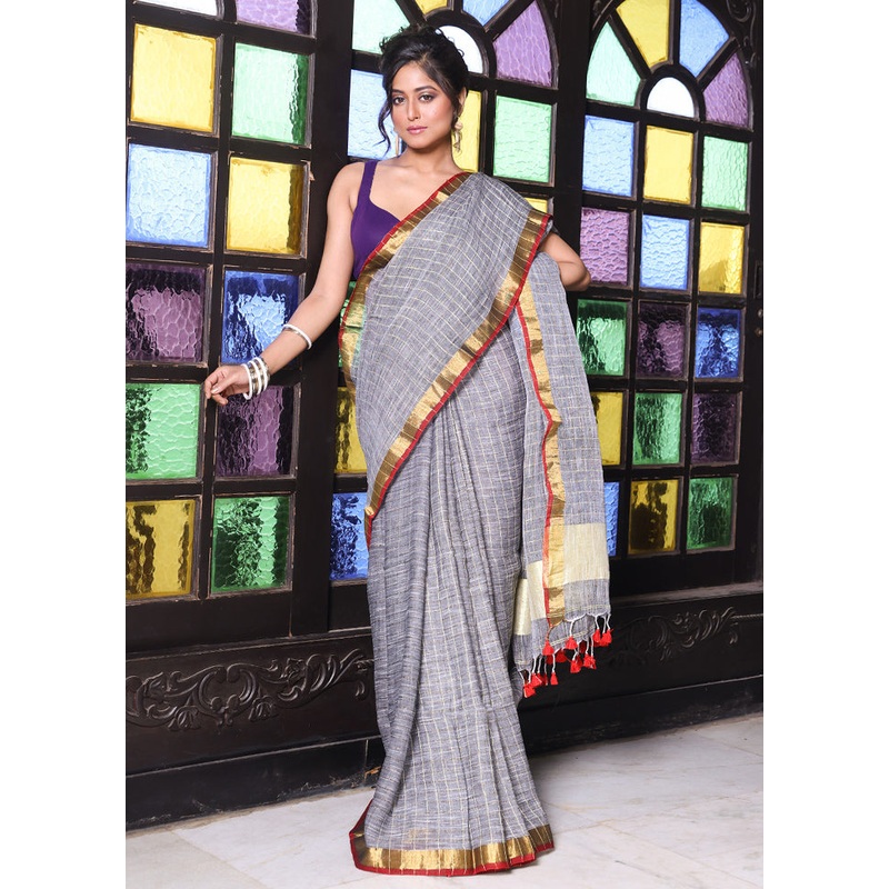 Grey Linen Silk Saree With Blouse Piece - JD986606614