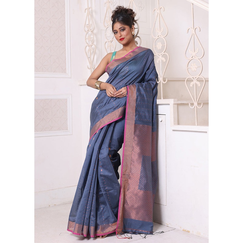 Grey Pure Cotton Saree With Blouse Piece - JD986606612