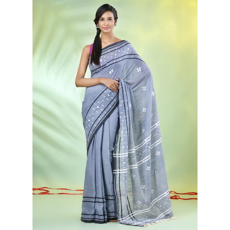 Grey Pure Cotton Saree With Blouse Piece - JD986606613