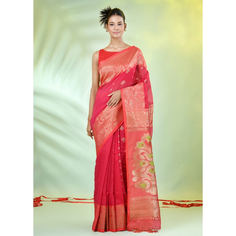 Hot Pink Pure Cotton Saree With Blouse Piece - JD986606608