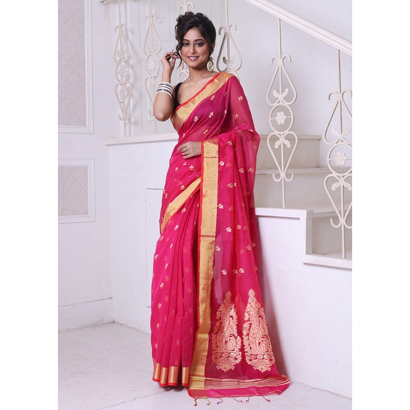 Hot Pink Pure Cotton Saree With Blouse Piece - JD986606609