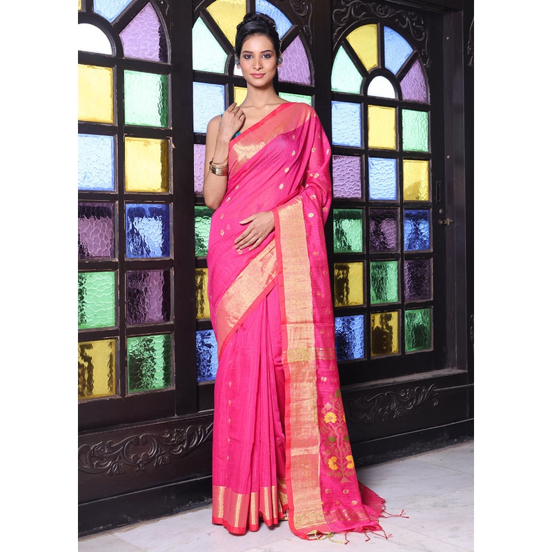 Hot Pink Pure Cotton Saree With Blouse Piece - JD986606610