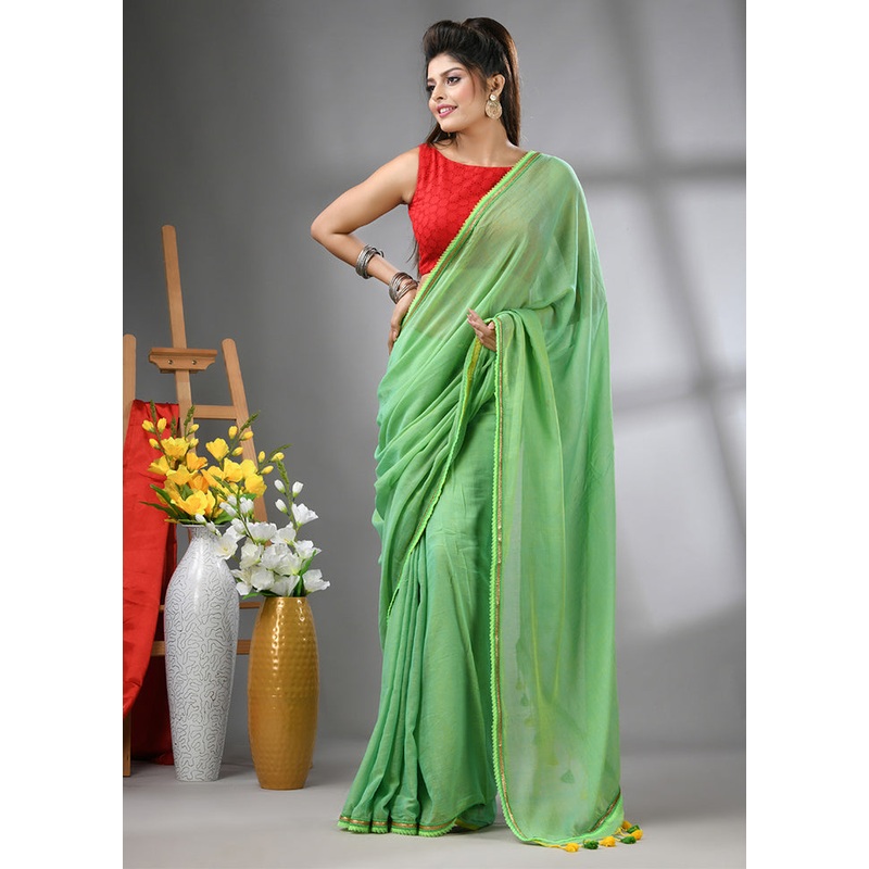 Light Green Cotton Solid Saree Without Blouse Piece - JD986606605