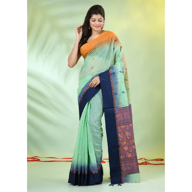Light Green Pure Cotton Saree With Blouse Piece - JD986606603