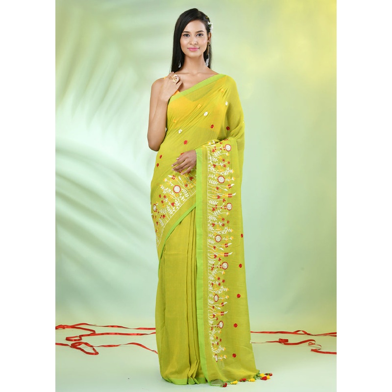 Lime Green Cotton Saree With Blouse Piece - JD986606597