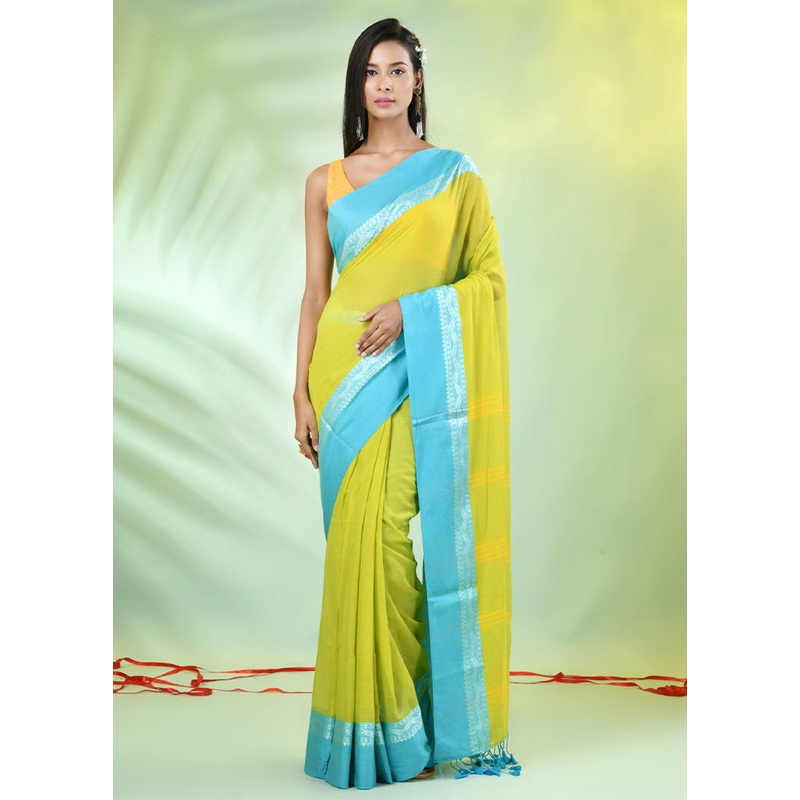 Lime Green Cotton Saree With Blouse Piece - JD986606598