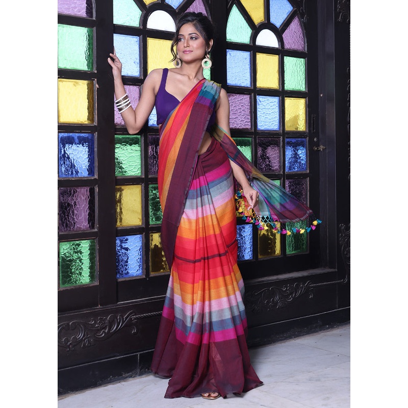 Maroon Cotton Colorblock Saree Without Blouse Piece - JD986606596