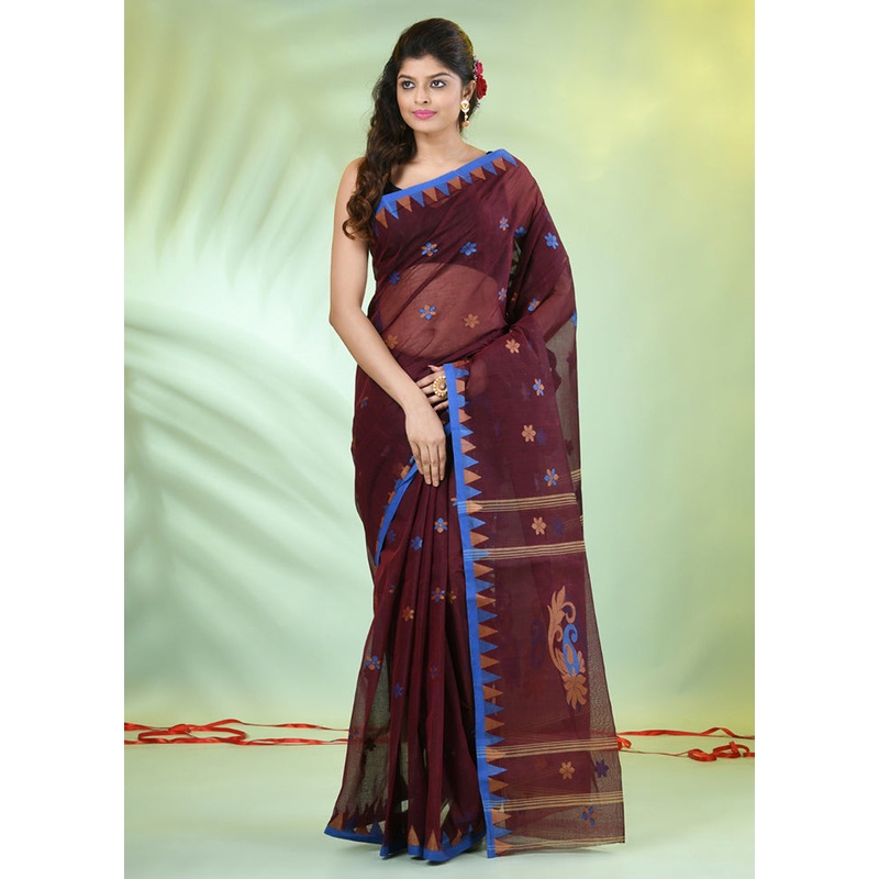 Maroon Cotton Floral Handwoven Saree Without Blouse Piece - JD986606595