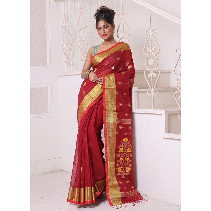 Maroon Pure Cotton Saree With Blouse Piece - JD986606592