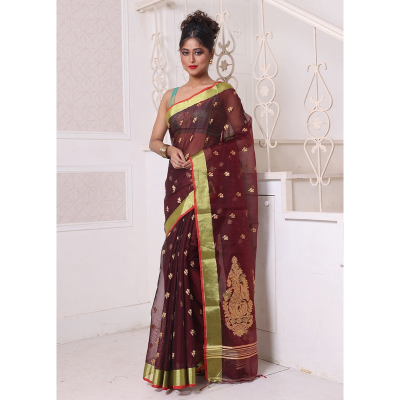 Maroon Pure Cotton Saree With Blouse Piece - JD986606593